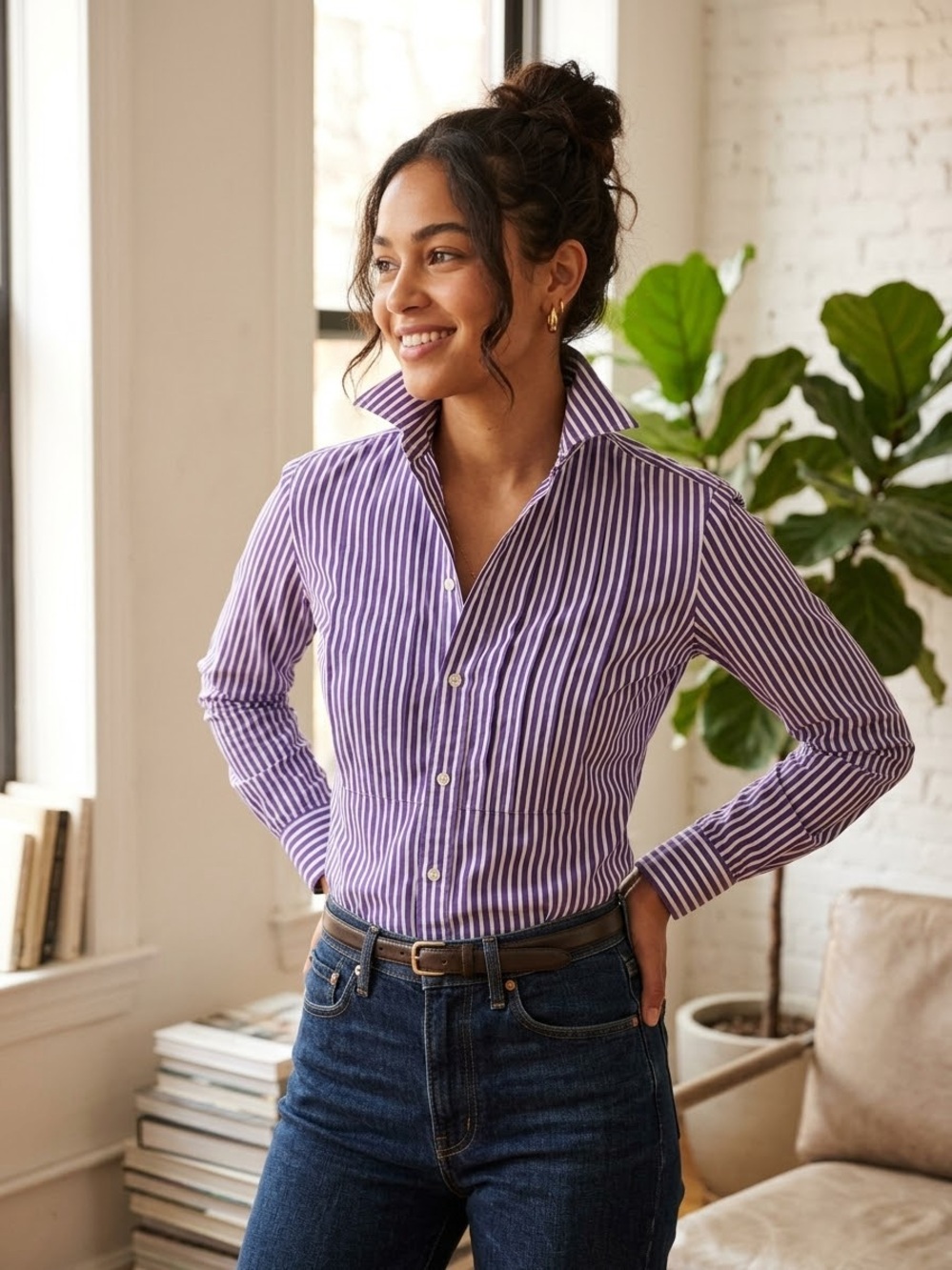 Ralph Lauren Striped Tuxedo Blouse Quiet Luxury Pintuck High Collar size 2